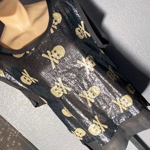 FASHION EXIT - vest tank: black sequins w gold sequin skulls, sheer rear - L